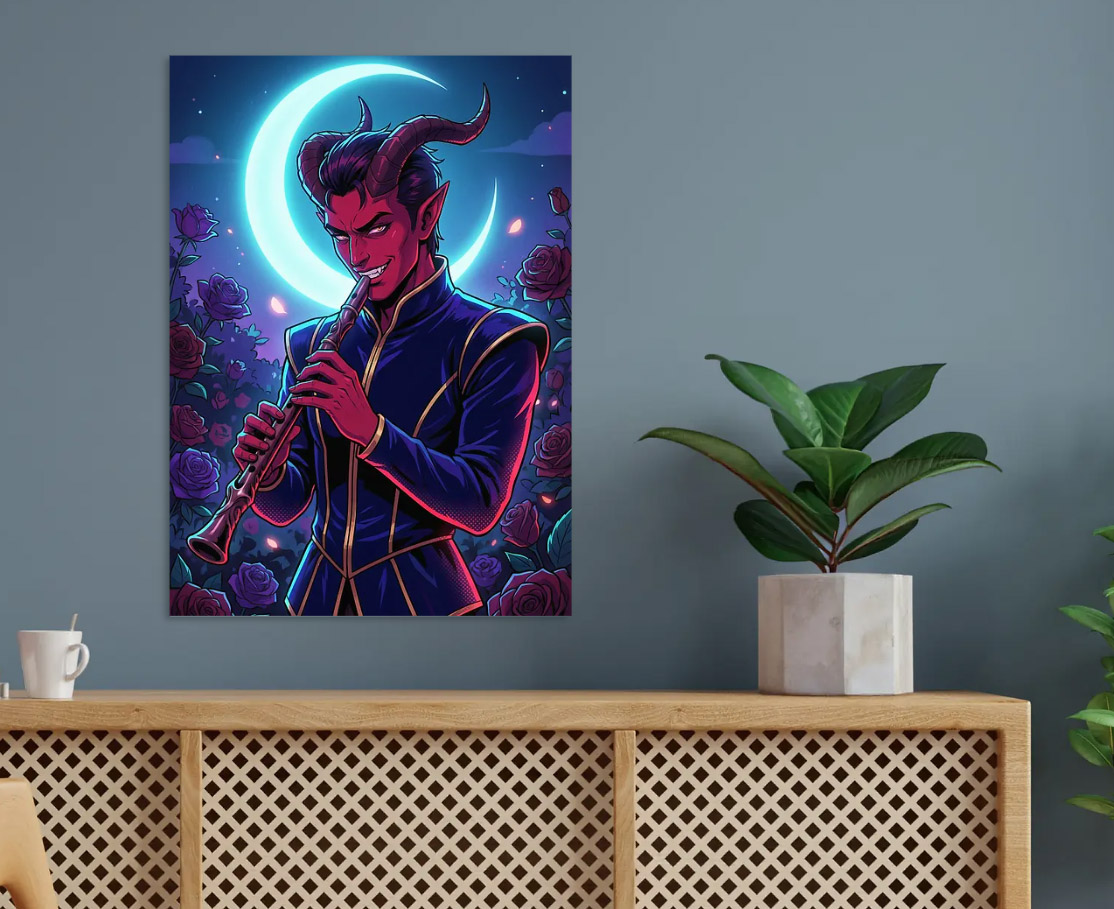 Tiefling Playing Flute Under Stars — metal poster wall art by Lineer
